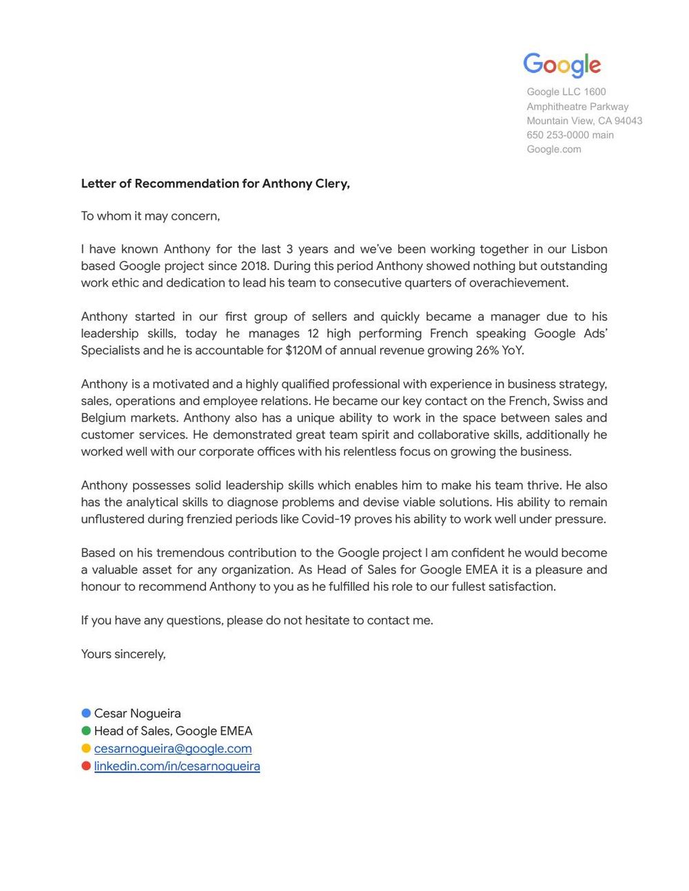 Lettre de recommandation rédigée par le Head of Sales Google EMEA